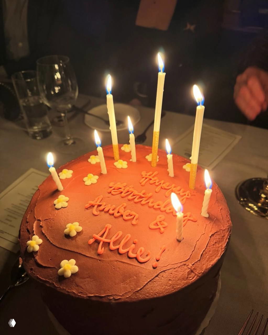 Крупный план праздничного торта с зажжёнными свечами и цветочными украшениями, надпись поздравления видна на верхней поверхности.