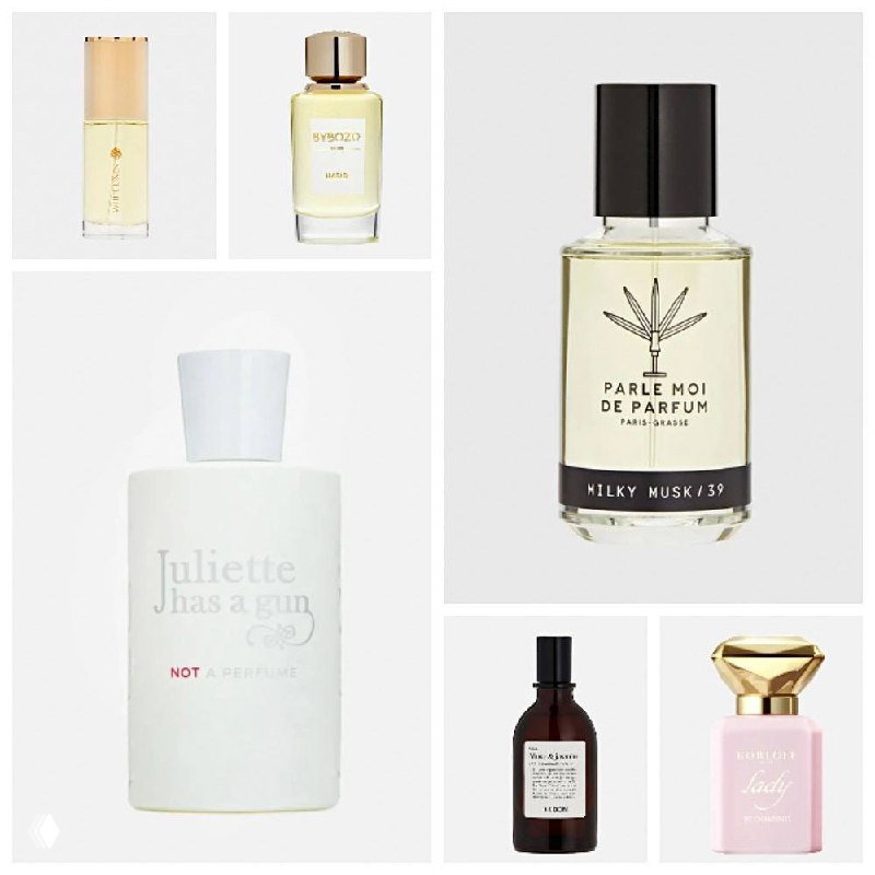 Коллаж из нескольких флаконов парфюма на белом фоне: минималистичная серия снимков, среди которых Juliette Has A Gun и Parle Moi de Parfum.