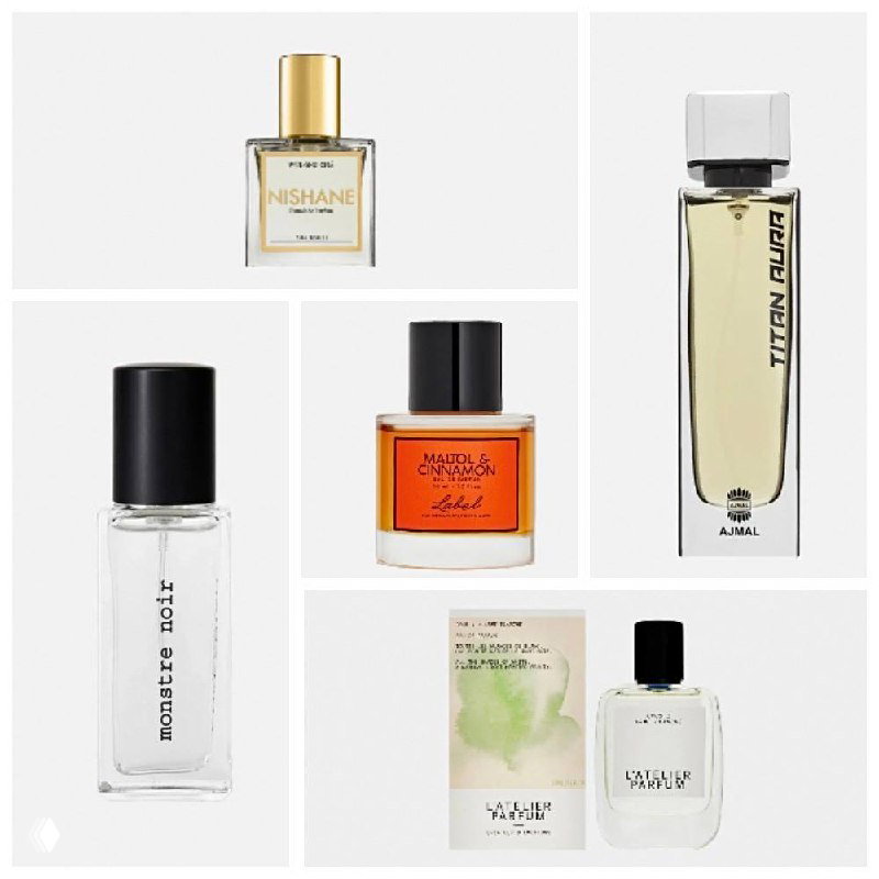 Сет из изображений флаконов Nishane, Label Maltol &amp; Cinnamon, Ajmal и других на светлом фоне; акцент на упаковке и названии.