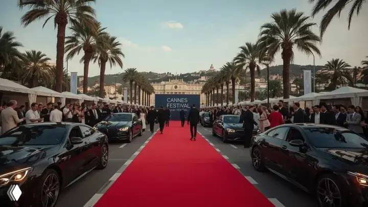 Красная дорожка Каннского кинофестиваля с автомобилями и гостями на набережной — фестивальная атмосфера на фоне подготовок к показам.