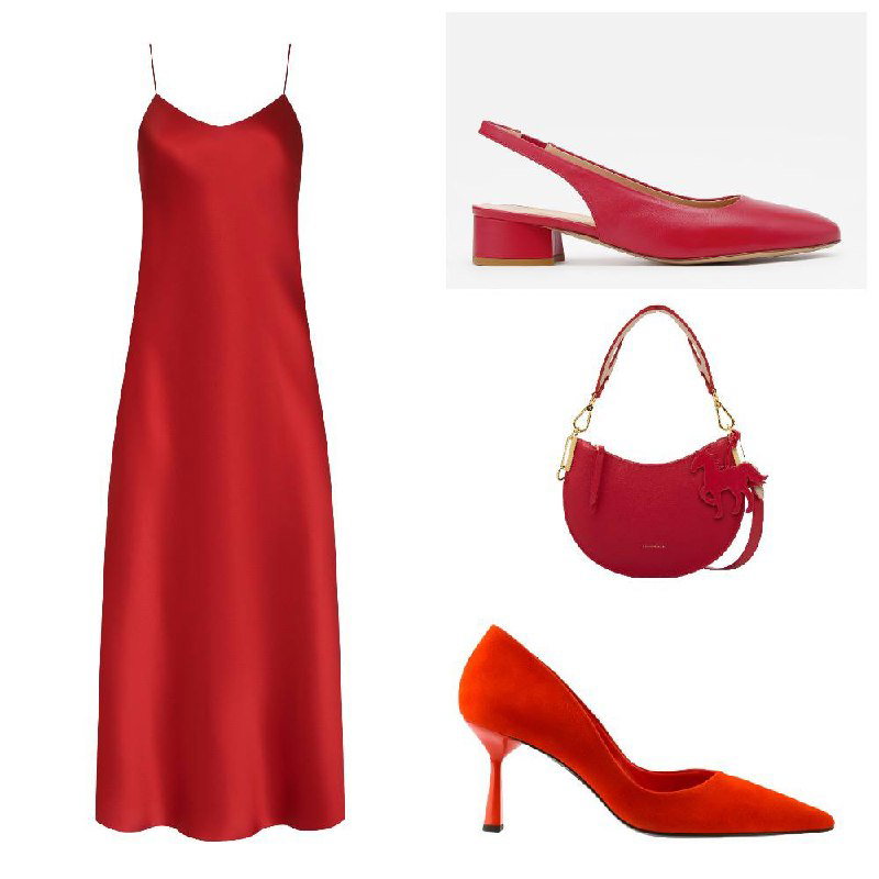 Коллаж красных вещей: длиное платье-комбинация, туфли и сумка в той же палитре — идеи для комплектов в алом оттенке на весну.