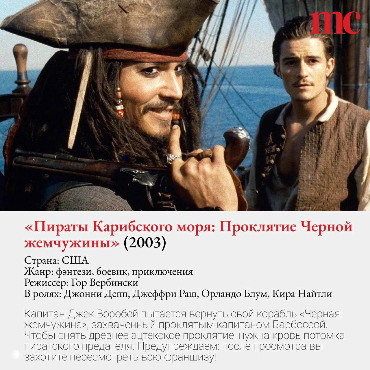 Кадр из фильма «Пираты Карибского моря: Проклятие Черной жемчужины» с Джонни Деппом в роли Джека Воробья на палубе корабля.
