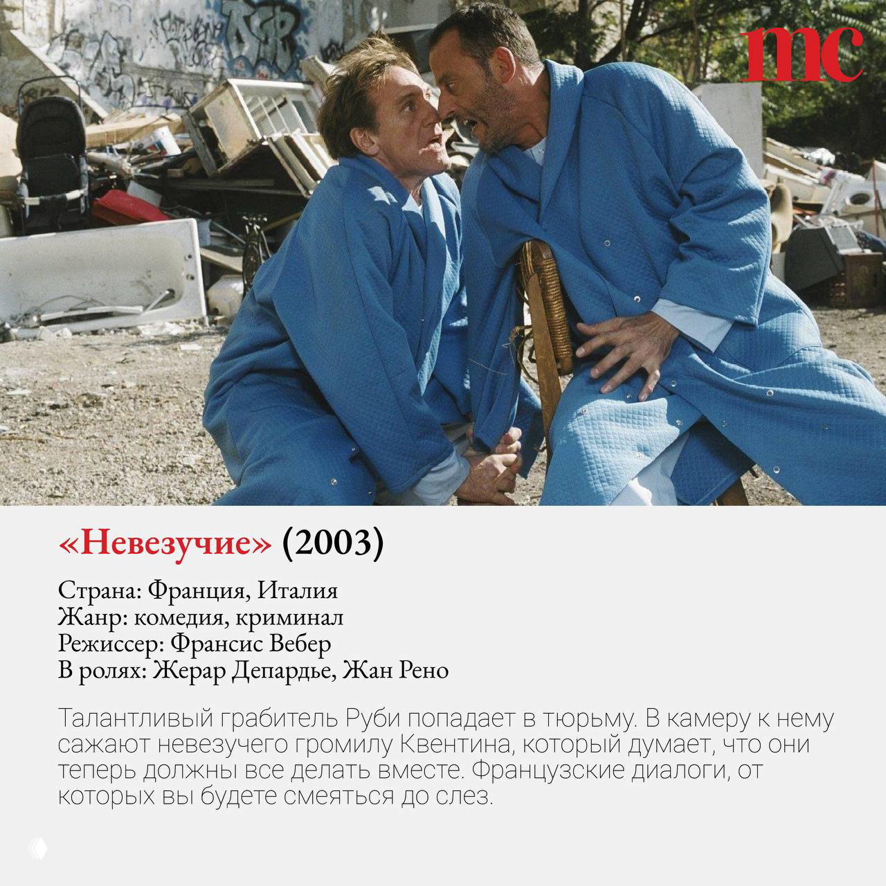 Два мужчины в голубых халатах в комичной сцене — кадр из французской комедии «Невезучие», динамичный и смешной момент.