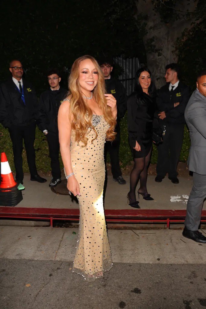 Гостья в бежевом иллюминированном платье идёт по дорожке на открытом воздухе вечером; рядом охрана и организаторы.