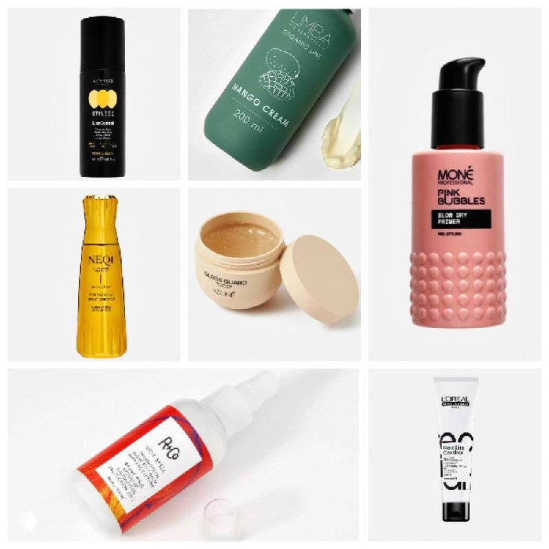 Коллаж из флаконов и тюбиков косметики для волос (праймеры, спреи, кремы), представленные как подборка средств против пушистости и для термозащиты.