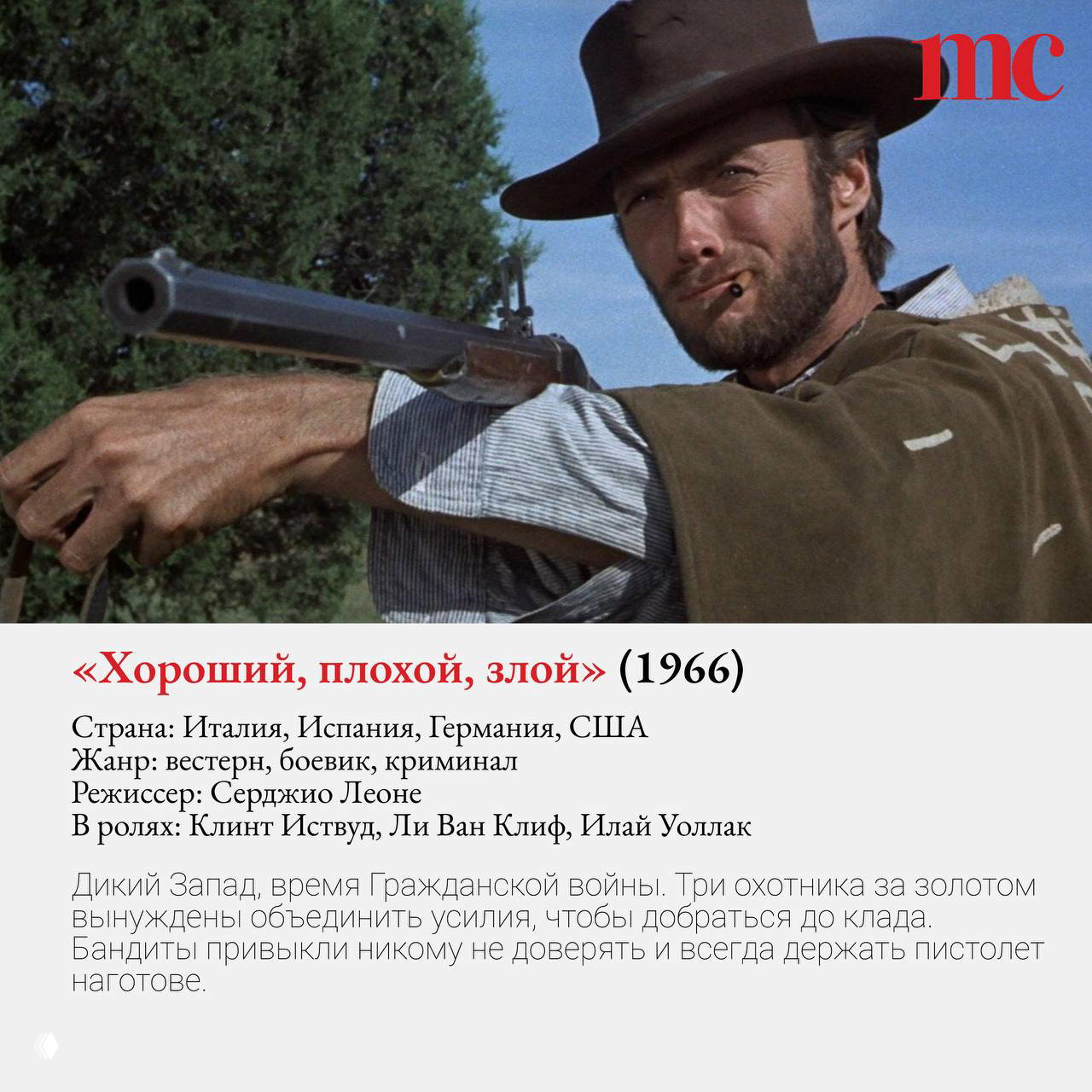 Кадр со сценой вестерна — Клинт Иствуд с ружьём на переднем плане, из фильма «Хороший, плохой, злой», классика жанра.