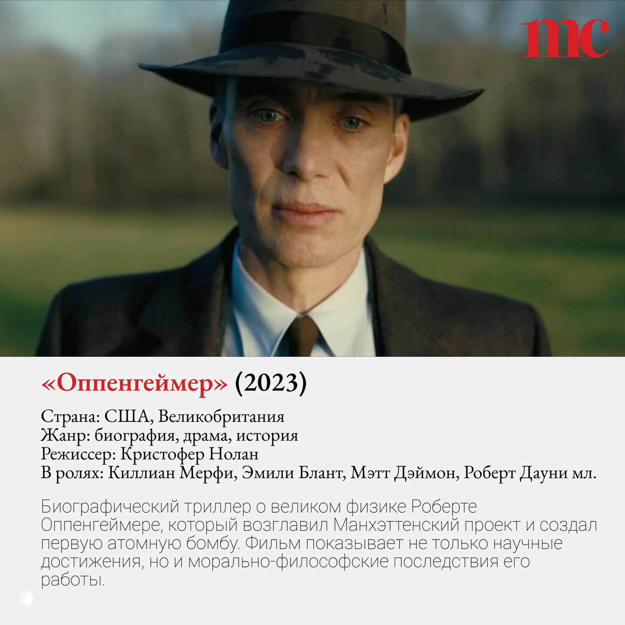 Кадр с Киллианом Мёрфи в образе Роберта Оппенгеймера на фоне размытых пейзажей — постер биографической драмы «Опенгеймер».
