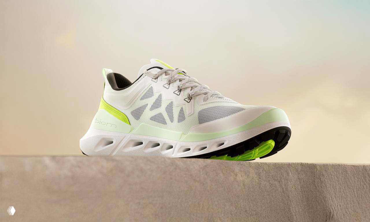 Белые кроссовки ECCO BIOM 720 с салатовой вставкой и сетчатым верхом, съемка на минималистичной плоскости, подчёркнута перфорированная и аморфная подошва