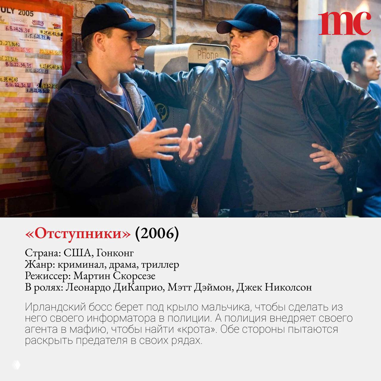 Сцена из фильма «Отступники»: Леонардо ДиКаприо и Мэтт Дэймон в ночном городском антураже, напряжённый разговор у стены.