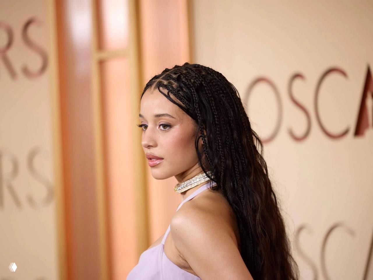 Боковой портрет женщины с плетеными причёсками на красной дорожке, сиреневая тень и нежный розовый блеск на губах.