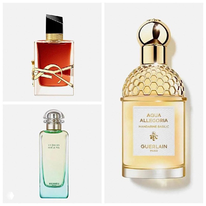 Коллаж флаконов парфюмов: Aqua Allegoria (Guerlain), Un Jardin sur le Nil (Hermès) и флакон YSL — акцент на упаковке и брендах.
