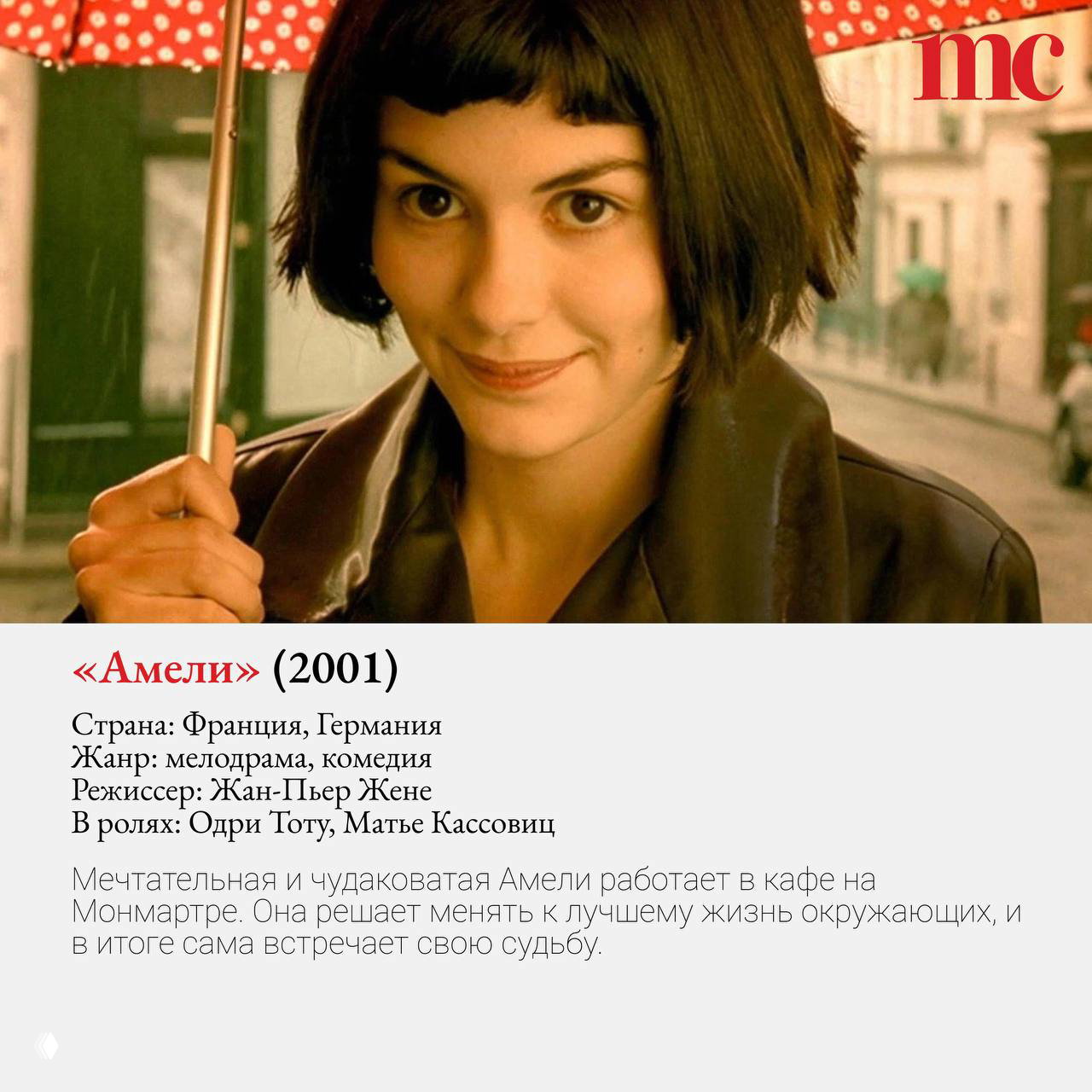 Портрет главной героини из «Амели»: близкий план девушки с короткой стрижкой и зонтом, тёплые цвета и игривая мимика.