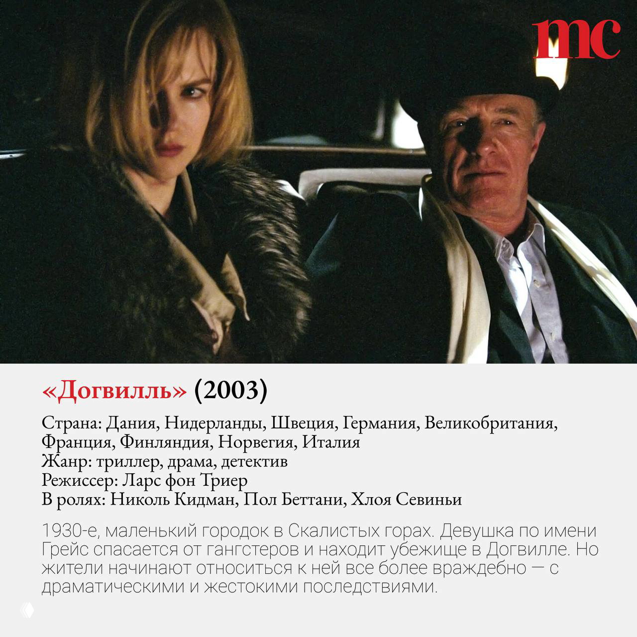 Кадр из «Догвилля»: мрачная сцена с персонажами в автомобиле, холодные тона и напряжённая атмосфера на заднем плане.