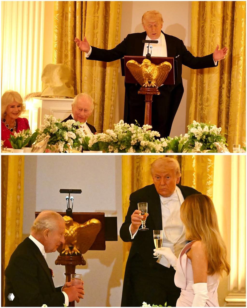 Коллаж из фотографий банкета: мужчина выступает за кафедрой, за столом сервировка и гости поднимают бокалы на тост.