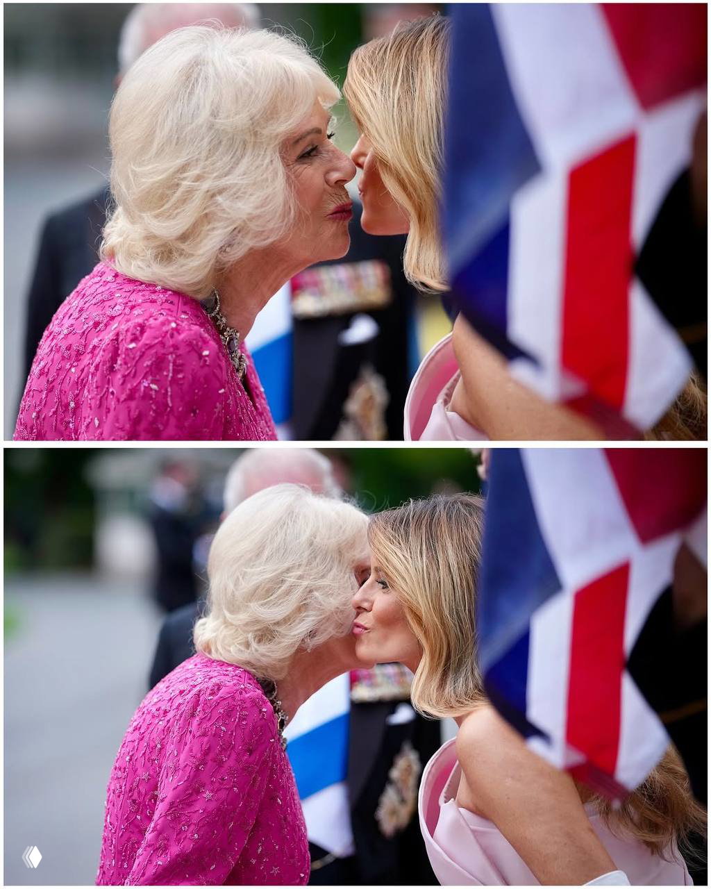 Два кадра поцелуя в щеку между двумя женщинами в оформлении церемонии на открытом воздухе, видны элементы флага.