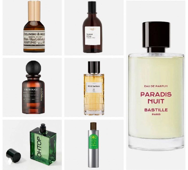 Коллаж флаконов парфюмов на белом фоне: подборка из Zielinski & Rozen, 100BON, NICHEHOUSE, RP Paris, OHTOP, La Maison de la Vanille и Bastille.