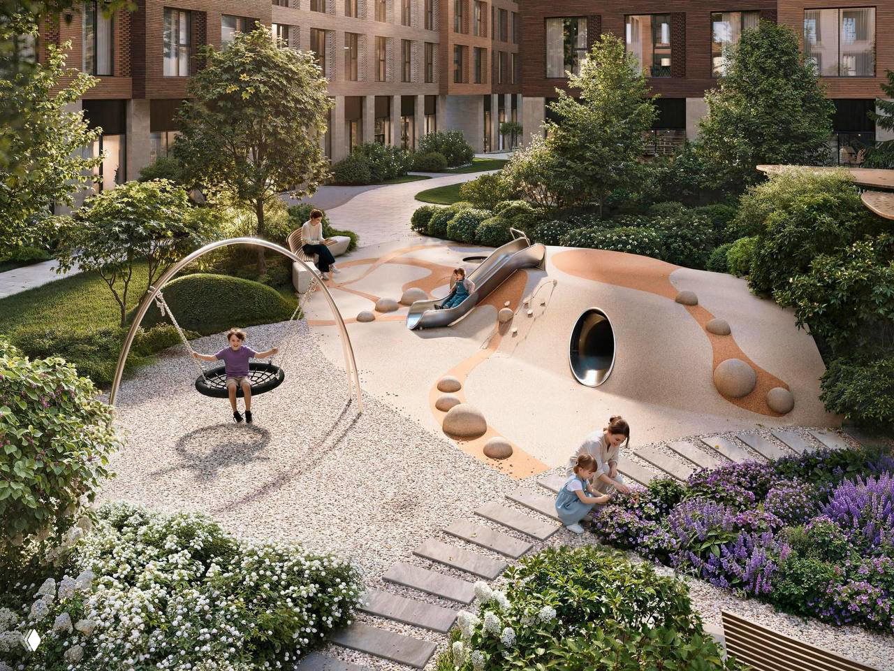 Детская площадка и благоустроенная территория во внутреннем дворе квартала «Соул»: качели, горка, дорожки и густая озеленённость на рендере проекта.