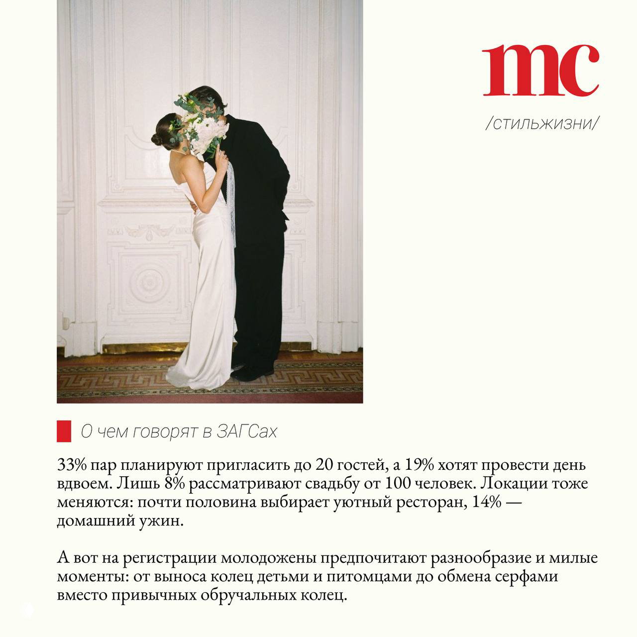 Пара целуется, закрыв лица букетом цветов у белой декоративной двери; элегантный кадр, подчёркивающий приватность и интимность события.