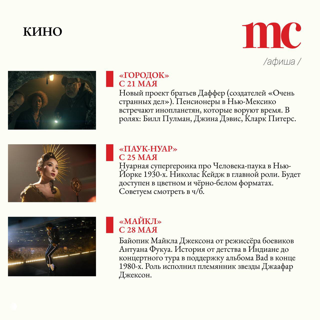 Раздел «Кино»: кадры и постеры из анонсируемых премьер — «Городок», «Паук‑нуар», байопик «Майкл», кадры актеров и сцен.