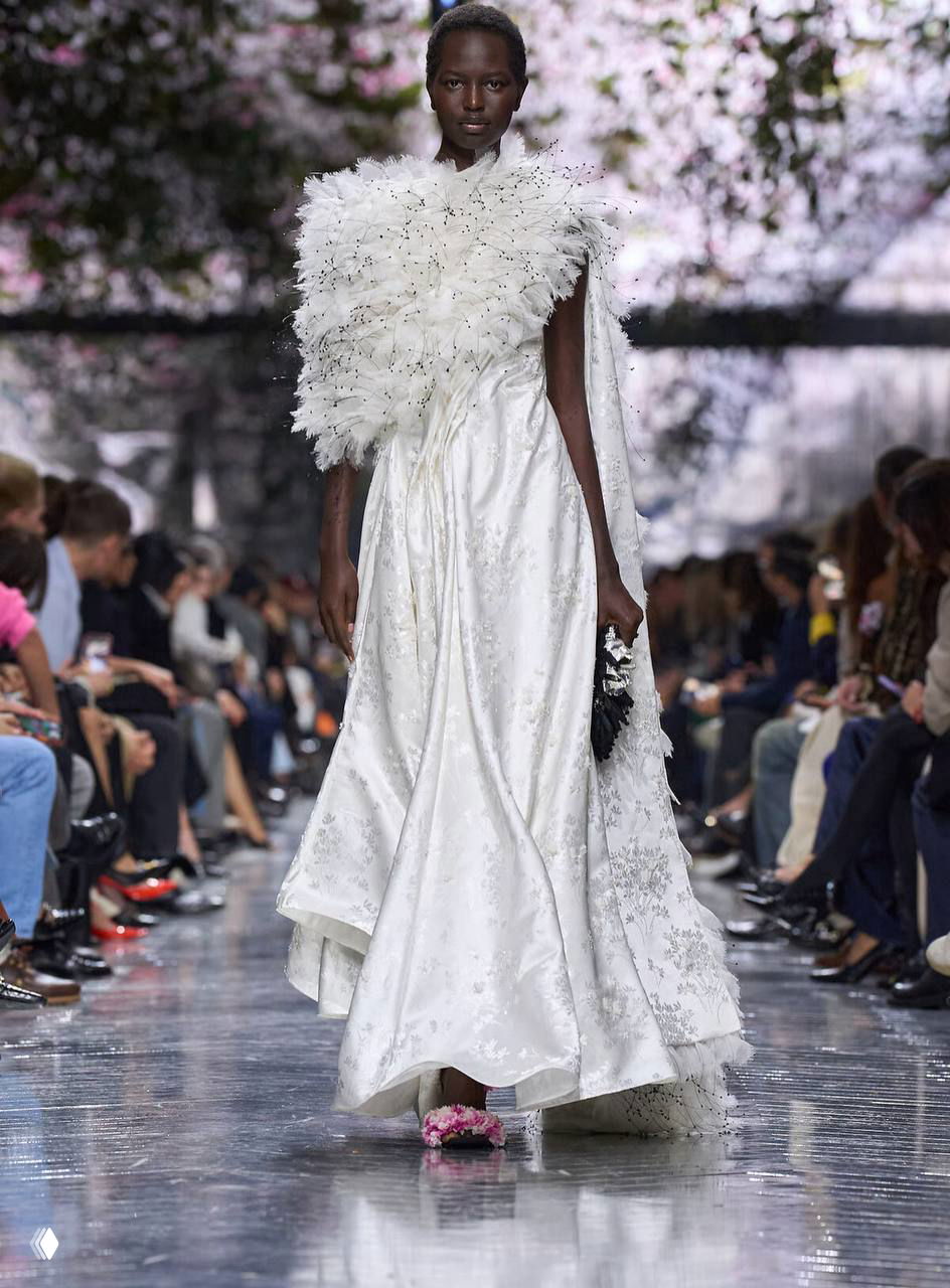 Чёрный ансамбль со звездными мотивами и длинной красной плюшевой драпировкой на подиуме; декоративные элементы и природные акценты у Dior Anderson.