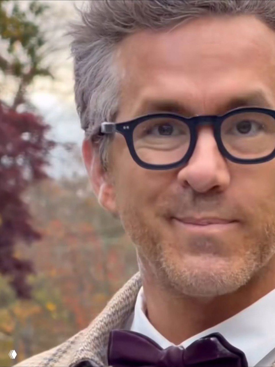 Крупный план Райана Рейнольдса в образе Карла из «Вверх!»: чёрные очки, бабочка и сдержанная мимика на фоне осенней природы.