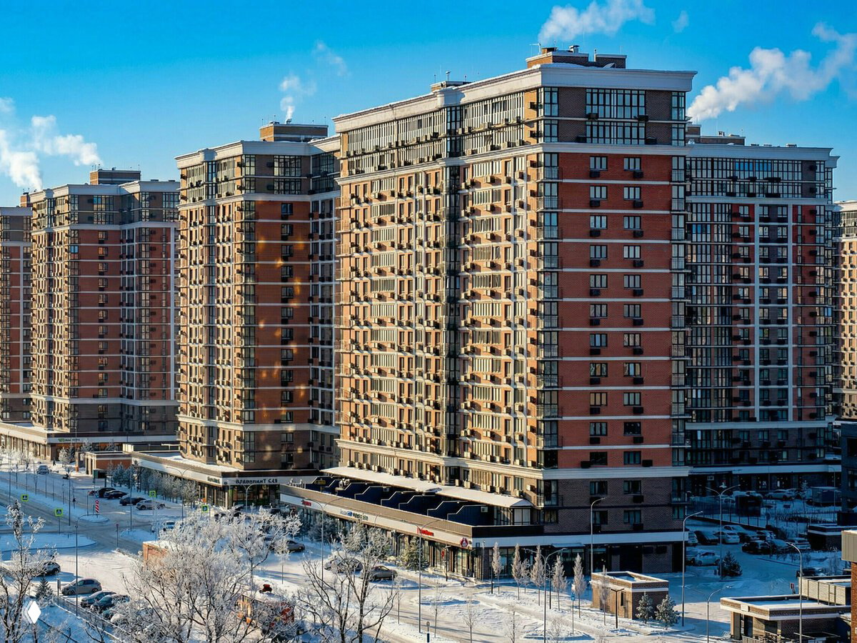 Панорамный вид на корпуса жилого микрорайона «Самолет» в солнечный зимний день: многоэтажные кирпичные фасады и коммерческие первые этажи у дороги.