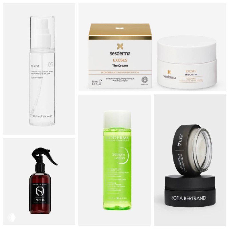 Композиция из нескольких косметических продуктов: кремы, сыворотки и упаковки в рекламной стилизации; часть изображения стилизована и фрагментирована.