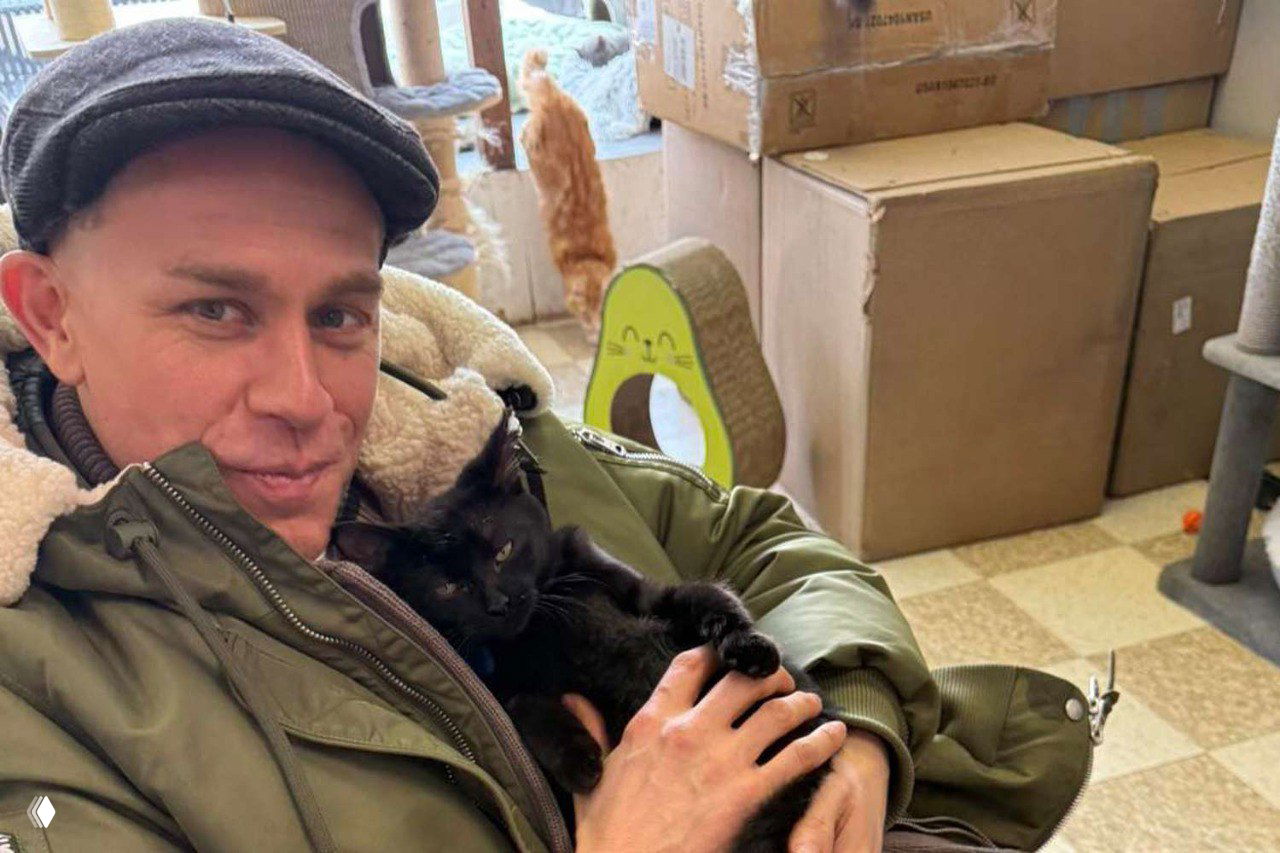 Чарли Ханнэм держит на руках чёрного кота в приюте, вокруг видны коробки, игровые домики и другие элементы интерьера центра помощи животным.