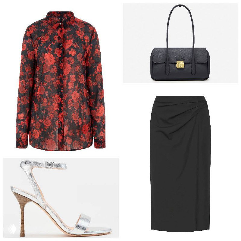 Коллаж офисного аутфита: полупрозрачная блуза с красным цветочным принтом, черная юбка-карандаш, серебристые босоножки и компактная сумка для деловых образов.