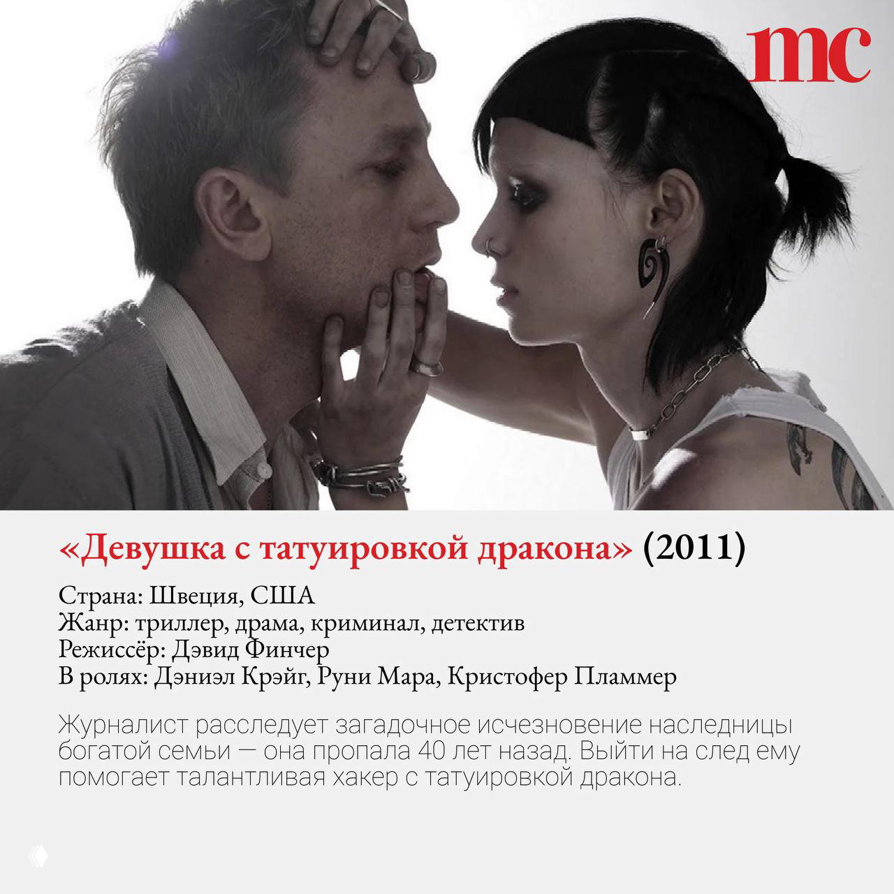 Кадр из «Девушка с татуировкой дракона»: близкий план Дэниэла Крэйга и Руни Мары, напряжённая сцена лицом к лицу в монохромной гамме