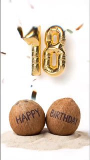 Цифра «18» в золотых воздушных шарах и два кокоса с надписью «HAPPY BIRTHDAY» на светлом песочном фоне, праздничный реквизит