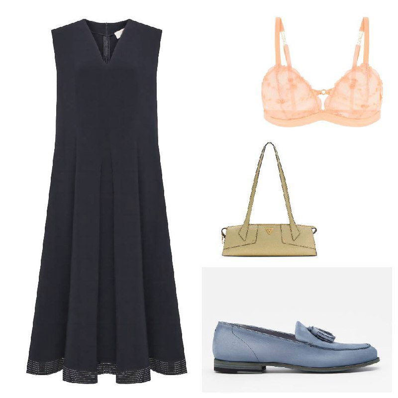 Коллаж: платье без рукавов, нюдовый кружевной бюстгальтер как модный акцент, миниатюрная сумка и голубые лоферы — варианты аксессуаров для офиса.