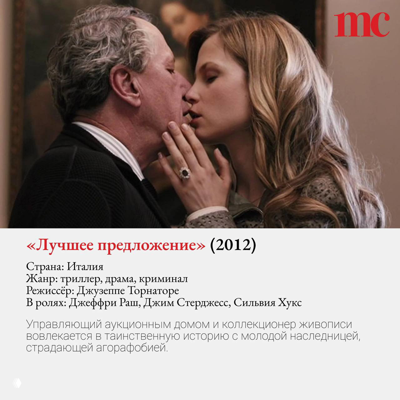 Кадр из фильма «Лучшее предложение»: поцелуй между пожилым коллекционером и молодой наследницей на фоне зала с картинами, интимная сцена