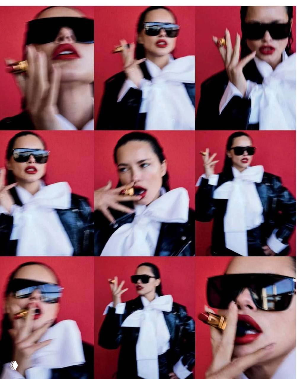 Коллаж из девяти кадров: модель в кожаной куртке, белом платье с большим бантом и крупных солнцезащитных очках на красном фоне.