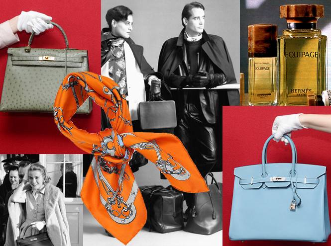 Коллаж: иконические сумки Hermès (голубая и беж), яркий оранжевый шелковый платок и архивные черно‑белые снимки моделей, ассоциирующиеся с домом моды.