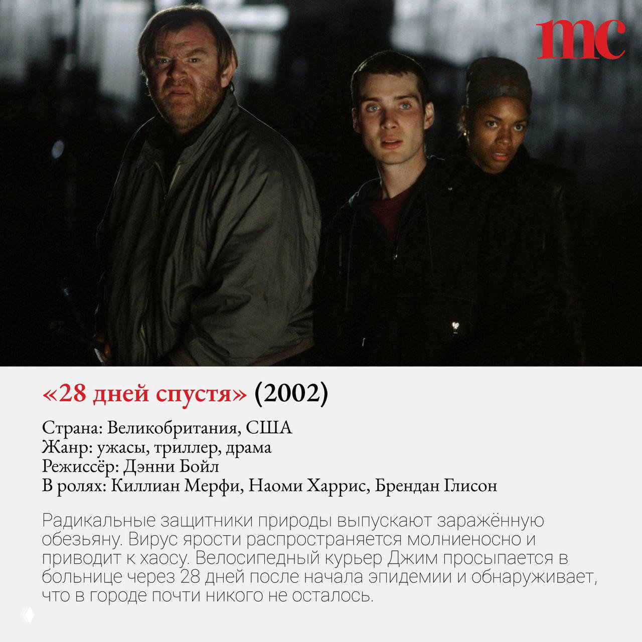 Кадр из «28 дней спустя»: трое героев в ночной тьме города, напряжённая атмосфера постапокалипсиса и тревожные выражения лиц