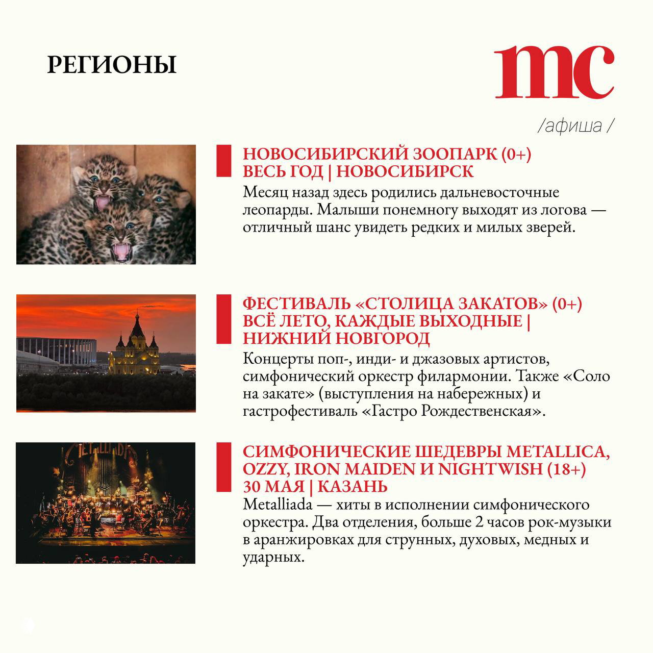 Региональная подборка: новорождённые дальневосточные леопарды в Новосибирском зоопарке, закат над Волгой и концертная афиша Нижнего Новгорода.
