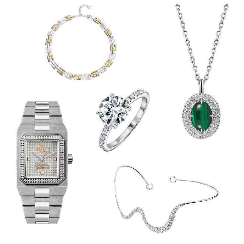 Коллаж украшений на светлом фоне: колье, браслет, брошь и часы — стилизованная подборка ювелирных изделий сезона.