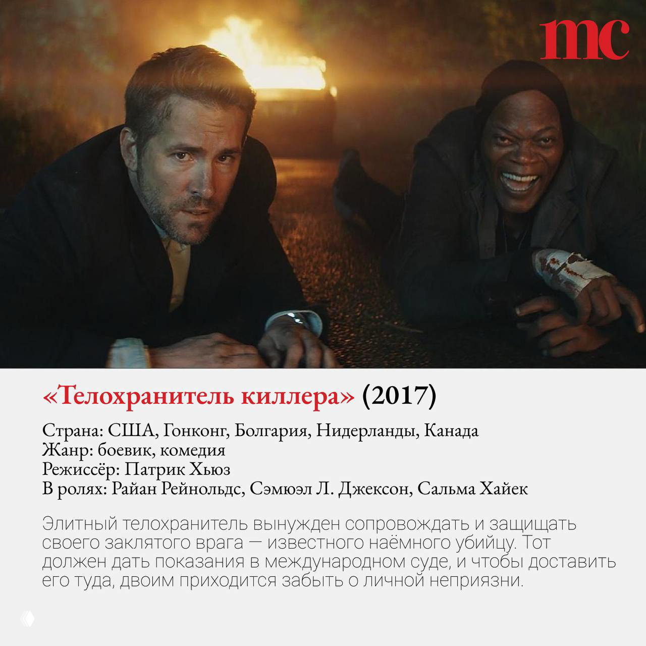 Кадр из «Телохранитель киллера»: Райан Рейнольдс и Сэмюэл Л. Джексон на дороге ночью, экшн-эпизод с огнём на заднем плане