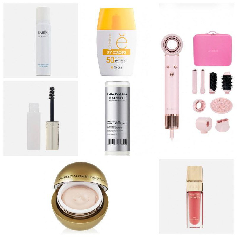 Коллаж косметических средств: маска-пена Babor, флюид ETAT PUR SPF 50, фен-стайлер ICON Master с насадками, гель для бровей Clarins, бальзам Laminaria, блеск D'Alba и маска для рук OROGOLD.