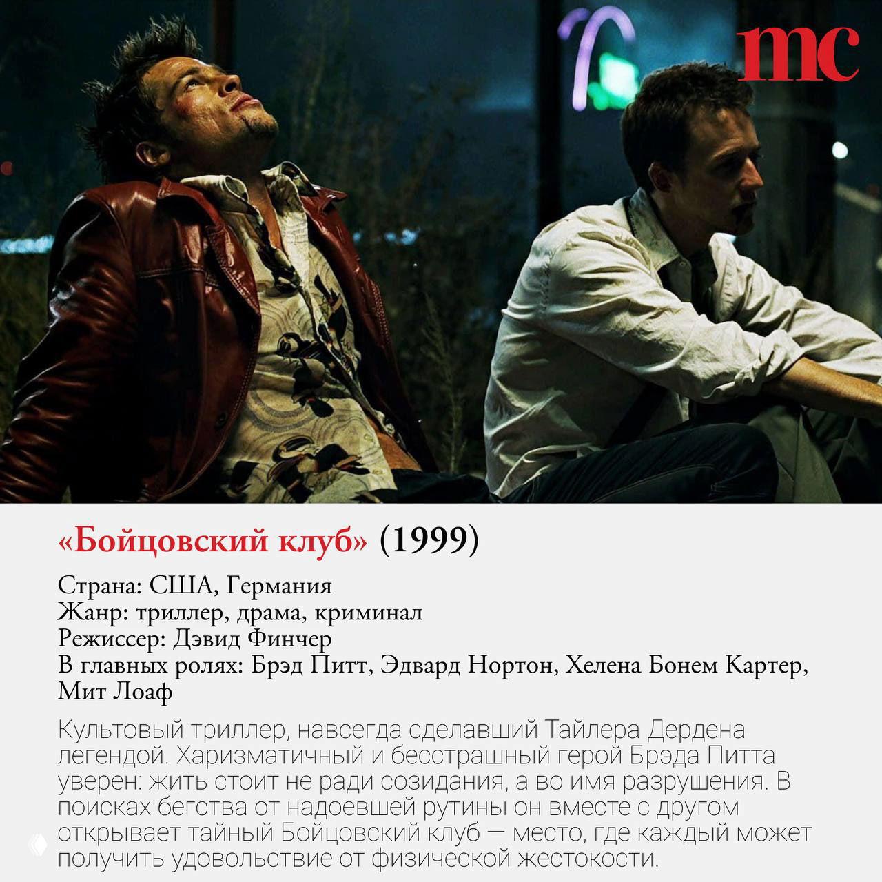 Кадр из «Бойцовский клуб»: двое мужчин сидят в тёмной ночной сцене на улице, выражение усталости и напряжения, карточка с описанием фильма и логотип mc.