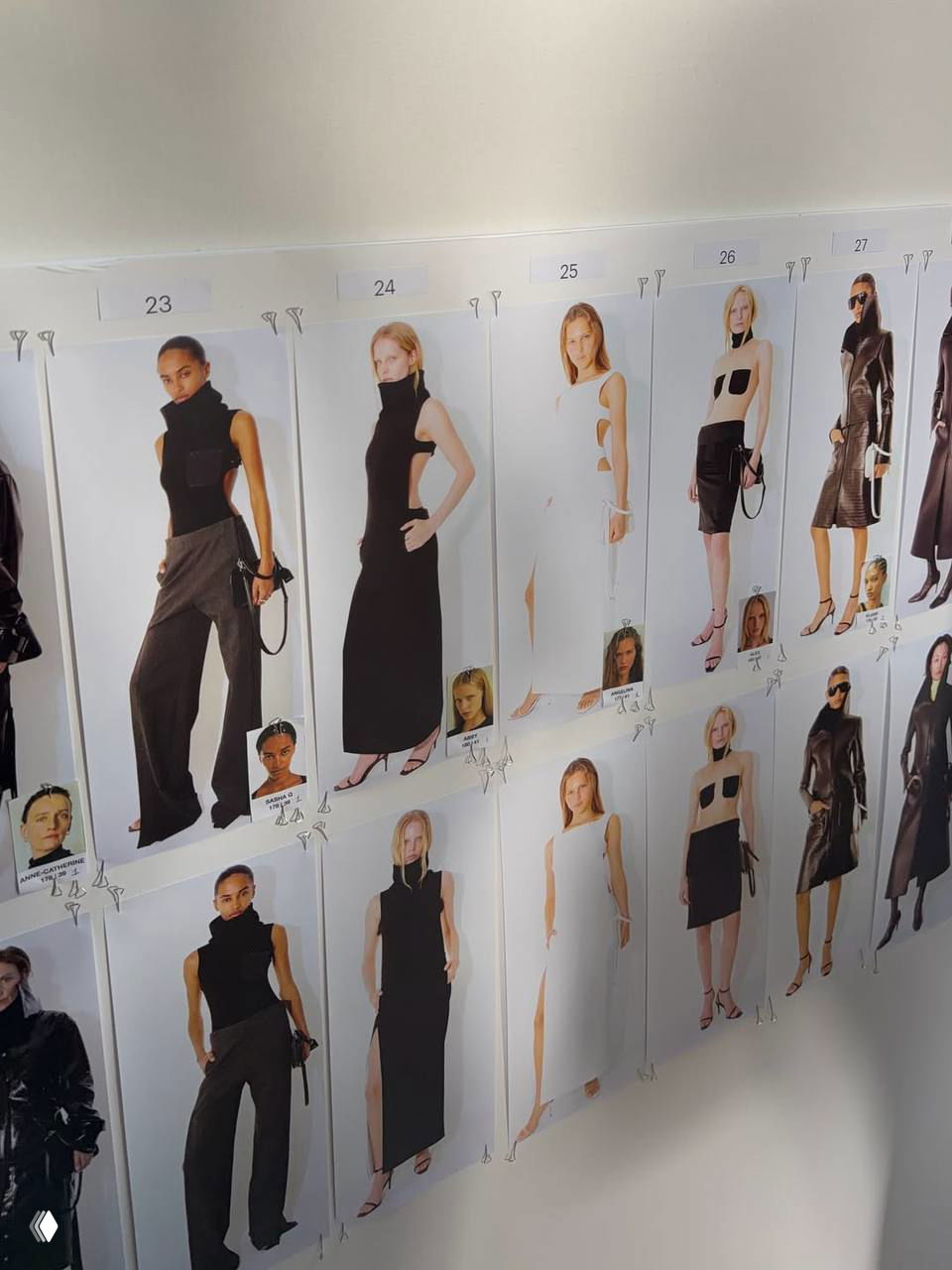 Полноформатный кадр Лены Перминовой в чёрном гольфе и серебристом браслете, позирует на светлом фонe перед показом.