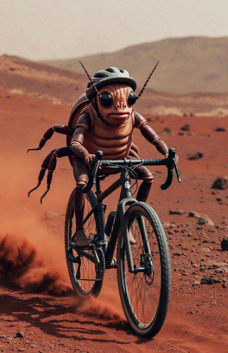 Иллюстрация: насекомоподобный «клещ» в шлеме едет на велосипеде по марсианской пустыне — фото‑подтверждение тестовой высадки.
