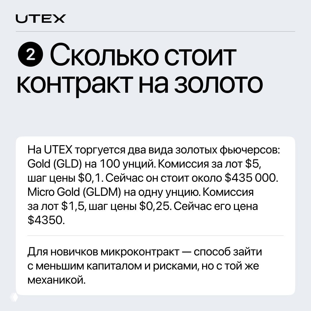 Карточка UTEX о стоимости контрактов на золото: пояснения про Gold (100 унций) и Micro Gold, примеры комиссий и цен; оформлено минималистично на светлом фоне.