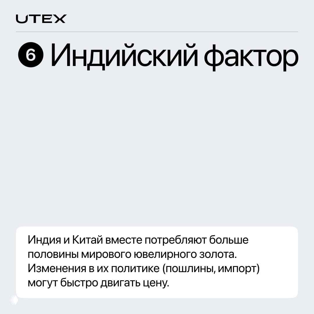 Карточка UTEX: «Индийский фактор» — Индия и Китай потребляют более половины мирового ювелирного золота; краткий поясняющий текст и аккуратный дизайн.