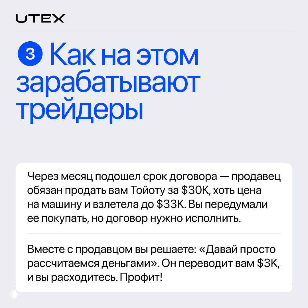 Карточка 3: как на фьючерсах зарабатывают трейдеры — пример расчёта прибыли при изменении цены, оформлено в карточке с подписью UTEX.