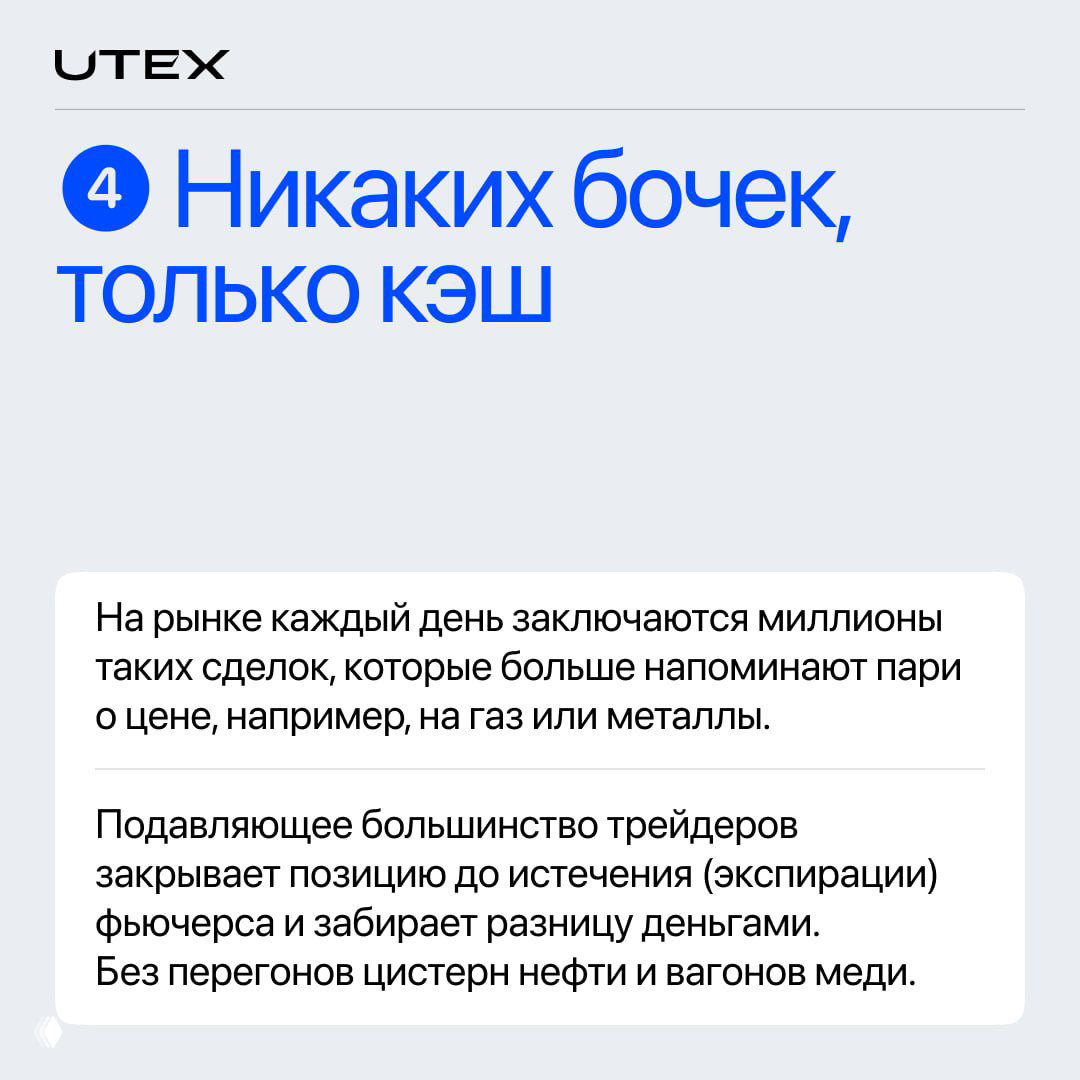 Карточка 4: объяснение, что большинство трейдеров закрывают позиции в кэше, без доставки товара; текст на белом блоке и фирменный стиль UTEX.
