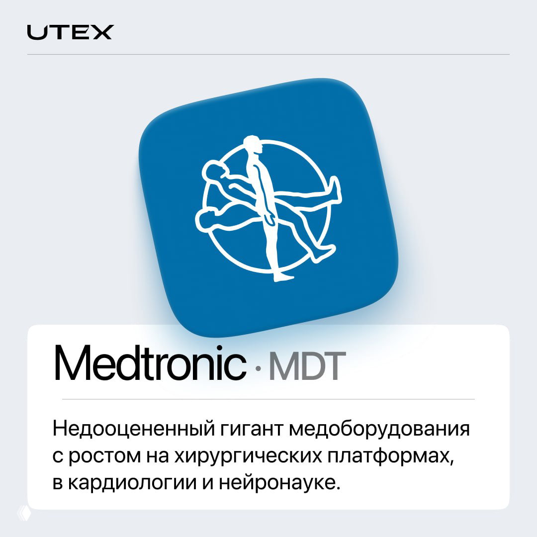 Синий логотип Medtronic на карточке с тикером MDT и подписью о росте на хирургических платформах, кардиологии и нейронауке.