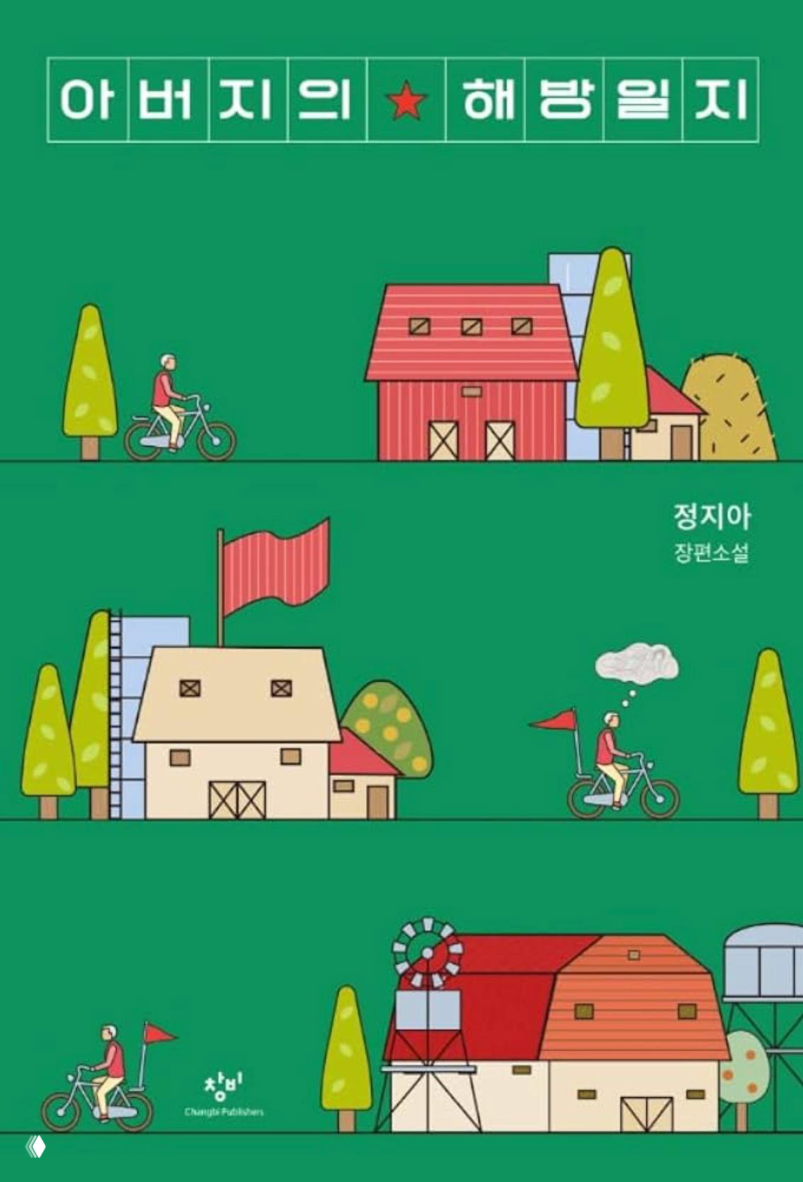 Графическая обложка с зелёным фоном: ряды домов, велосипедисты и стилизованные элементы, упрощённая иллюстрация варианта издания книги.