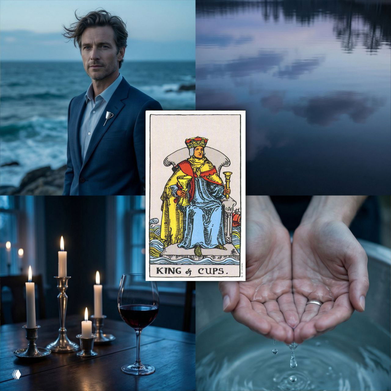 Коллаж Короля Кубков: мужчина у моря, свечи, бокал вина и руки с каплями — образ эмоциональной силы.